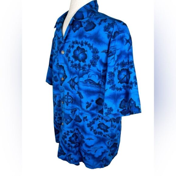 Ui-Maikai Blue Island Map Print Vintage 60s Hawaiian Button Front Camp Shirt - Picture 2 of 10